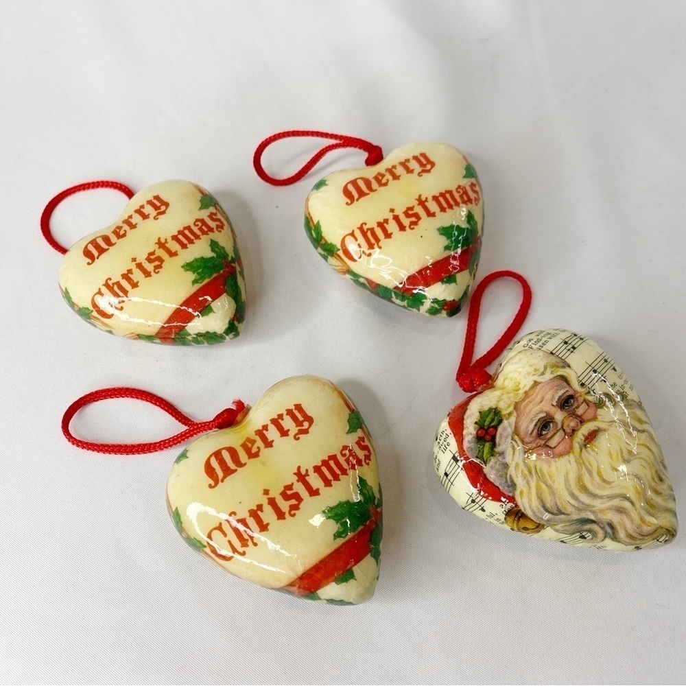 Lot of 4 Vintage 1990 Kurt S Adler Vintage Paper Mache Heart Shaped Ornaments